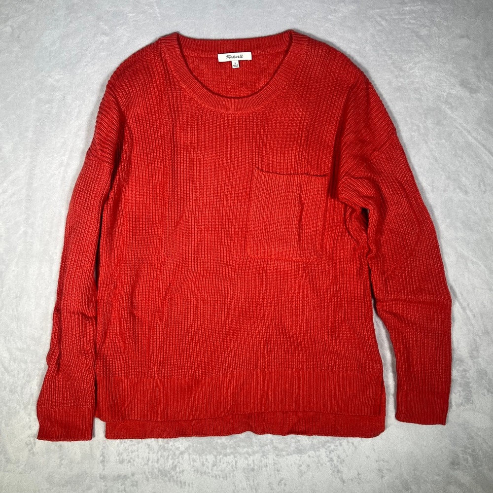 Madewell Sweater Women Small Orange Ribbed Crewneck Pocket Cotton Blend Pullover